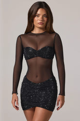 Sheer Embellished High-Neck Long Sleeve Mini Dress in Black