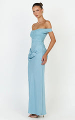 Thalassa Maxi Dress - Lace Off Shoulder Contrast Draped Cowl Waist Dress in Light Blue