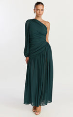 Grittah Maxi Dress - One Shoulder Bishop Sleeve High Split Ruched Dress in Emerald