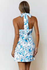 Island Bloom Halter Mini Dress Blue