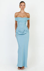 Thalassa Maxi Dress - Lace Off Shoulder Contrast Draped Cowl Waist Dress in Light Blue