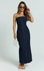 Keziah Maxi Dress - Denim Strapless Bodycon Dress in Indigo Wash