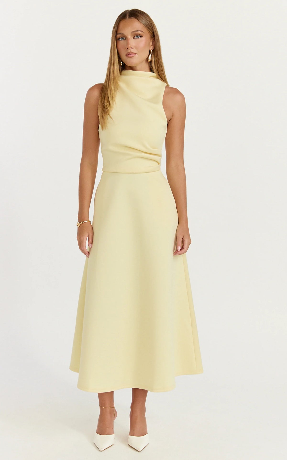 Macy Midi Dress - High Neck A Line Dress in Lemon