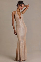 Embellished Plunge-Neck Open-Back Gown in Sand