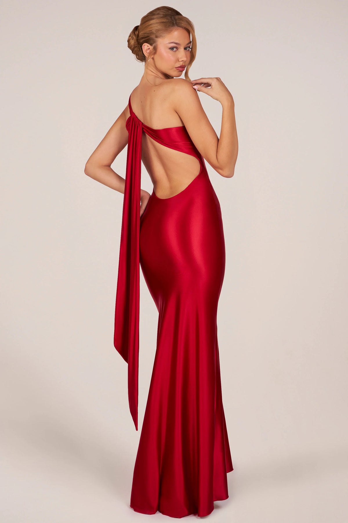 Asymmetric Tie-Back Gown in Cherry