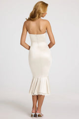 Satin Lace-Trim Bandeau Fluted Midaxi Dress in White