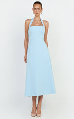 Karissa Midi Dress - Halter Neck Fitted Bodice Midi Soft A Line Skirt Dress in Pale Blue